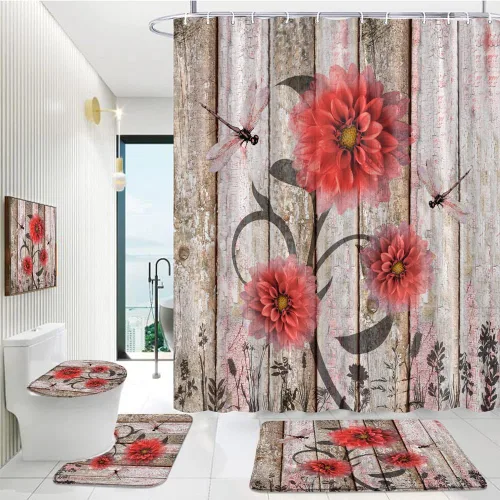 Miniatura 9 de 4Pcs Rustic Wooden Blue Dahlia Floral Flower Dragonfly Shower Curtain Set with Bath Mat Barnwood Old Garage Door American Country Farmhouse Decor