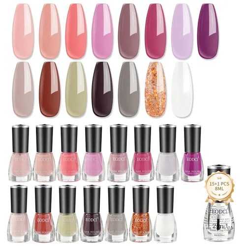 eodci Juego de 16 esmaltes de uñas, 15 colores de secado rápido, con capa base y capa superior 2 en 1, color nude, rosa, morado, blanco, paquete de