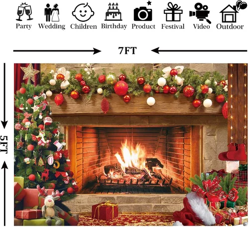 Miniatura 6 de Telón de fondo de tela de poliéster de 7 x 5 pies con diseño de chimenea de Navidad vintage, calcetín de árbol de Navidad, para fotografía
