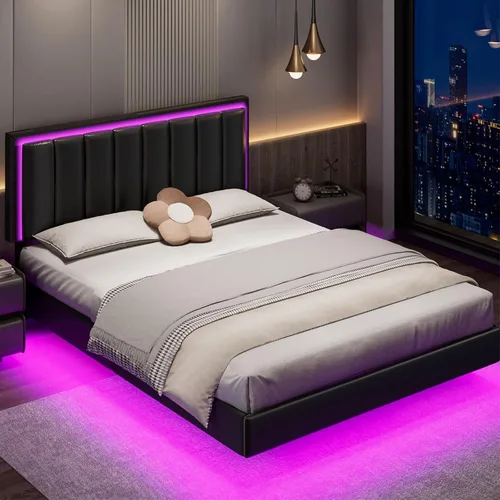 Miniatura 8 de IMMERSTABLE Marco de cama flotante tamaño Queen, marco de cama tapizado tamaño Queen con cabecero, luces LED RGB, soporte de listones de madera Negro
