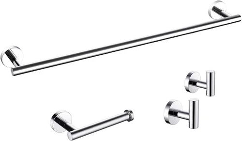 Miyili BS01C4B - Juego de 4 piezas de accesorios de baño de acero inoxidable pulido montado en la pared, incluye toallero de 24 pulgadas, soporte