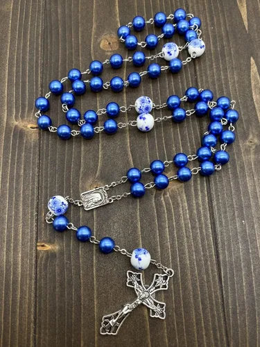 Miniatura 2 de Nazareth Store Pearl Beads Rosary White Flowers Beaded Necklace Lourdes Medal & Cross Crucifix