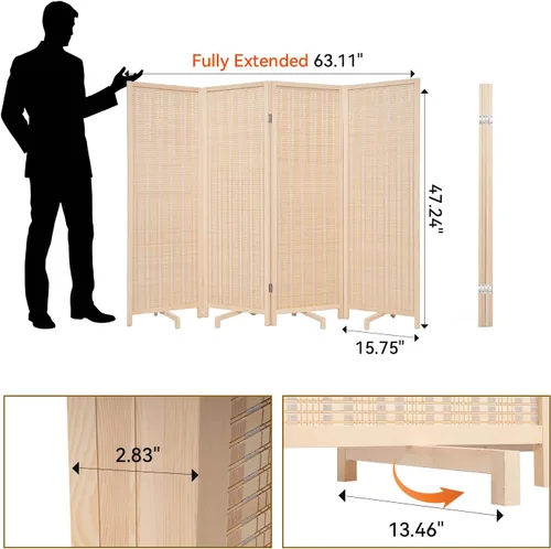 Miniatura 2 de Panel divisor de habitación de bambú con patas giratorias de 360°, 4 paneles de 47 pulgadas de alto, pantalla de privacidad plegable corta