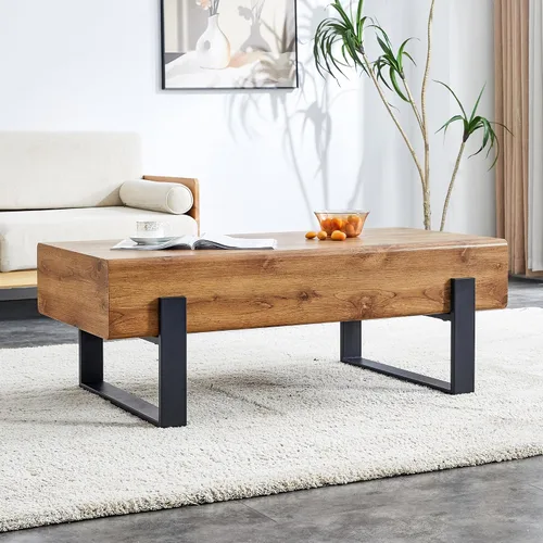 Miniatura 3 de Mesa de centro de madera, mesa central rectangular de 47.2 pulgadas con escritorio de MDF y patas de metal, moderna mesa de té de madera maciza