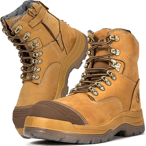 ROCKROOSTER Botas de trabajo para hombre, 7 pulgadas, puntera de acero, cremallera lateral, zapatos de cuero, control estático, transpirables, de