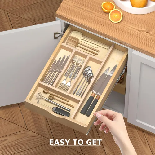 Miniatura 5 de WelFurGeer Organizador de cubiertos de madera premium para cajones de cocina, bandeja de utensilios para cajón de cocina, organizador de cajones