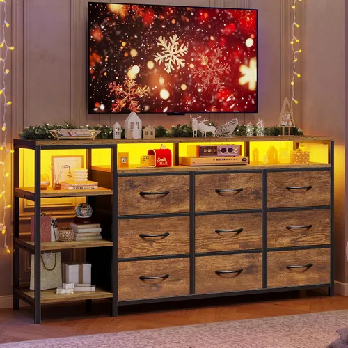 Miniatura 2 de Soporte de TV para 60 Pulgadas, Cómoda con Estación de Carga y Luces LED, 9 Cajones de Tela, Centro de Entretenimiento y Mesa Consola Industrial