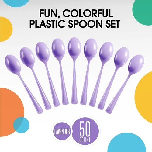 Miniatura 3 de Cubiertos desechables de plástico lavanda resistente, 50 unidades, incluyendo cucharas, tenedores y cuchillos