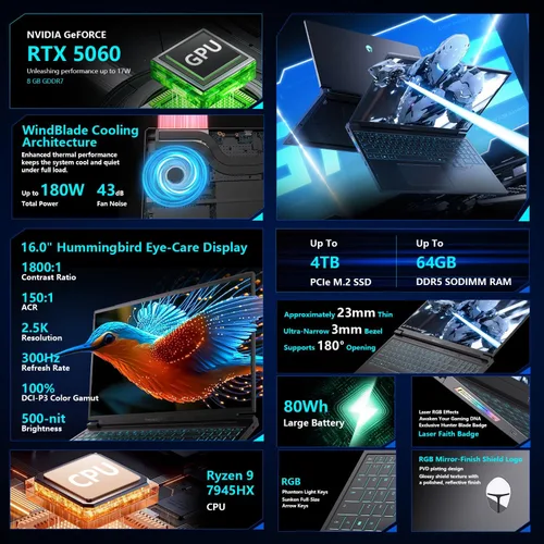 Miniatura 3 de Thunderobot Radiant 16S R9 5060 300Hz - Portátil para juegos, 16 pulgadas QHD+ 2.5K, AMD Ryzen 9 7945HX, GeForce RTX 5060, pantalla de colibrí