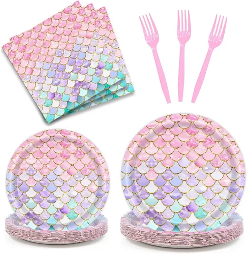 Dixutzi 96 piezas de decoración de fiesta de cumpleaños de sirena, suministros de fiesta de sirena que incluyen plato de papel, servilleta y