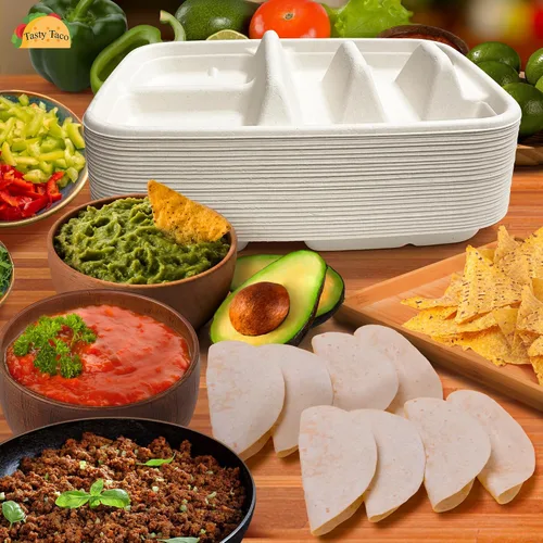 Miniatura 2 de Platos desechables blancos para tacos para 2 tacos y 2 lados – Paquete de 25 Platos de papel de primera calidad con divisores, soporte para tacos