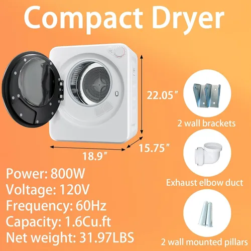 Miniatura 2 de Secadora de ropa portátil de 1.5 pies cúbicos, secadora de lavandería de carga frontal de secado rápido de 800W con 5 modos, mini secadora eléctrica