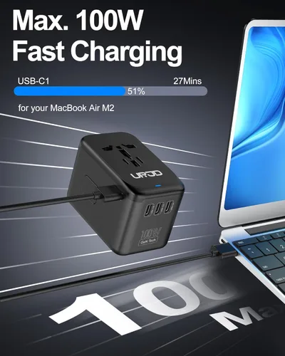 Miniatura 2 de Adaptador de viaje universal de 100 W, cargador rápido GaN en uno, 5 puertos USB y salida de CA de 2500 W, adaptador de corriente internacional