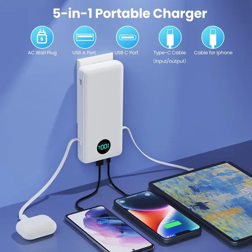 Miniatura 3 de Cargador Portátil 33800mAh Banco de Energía USB C con Cables Integrados y Enchufe de Pared CA, Carga Rápida 25W + QC 4.0 Cargador de Teléfono, Blanco