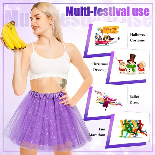 Miniatura 5 de Foaincore 9 piezas de falda tutú para mujer, 4 capas de tul con estrellas, lentejuelas, vestido de ballet para niñas, falda de lentejuelas