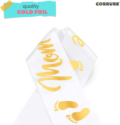 Miniatura 6 de CORRURE Banda para baby shower para niño o niña, banda con la frase "Mom to Be" con hermosa cinta blanca y texto dorado - Ideal para revelación
