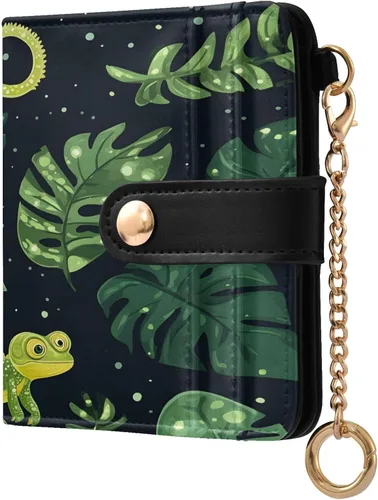 Qilmy Green Chameleons Compact Women's Wallet - RFID Blocking Bifold Card Case PU Leather Slim Travel Wallet with Zipper Coin Pocket, ID Window &