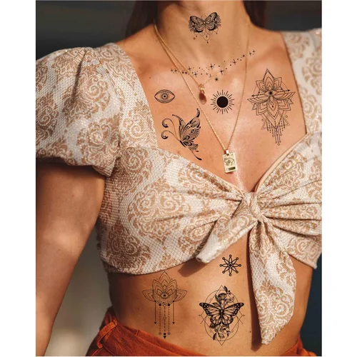 Miniatura 5 de Tatuaje temporal de mariposa realista para mujeres, calcomanías de tatuaje falsas de polilla grande negra para adultos, pierna de mano y brazo
