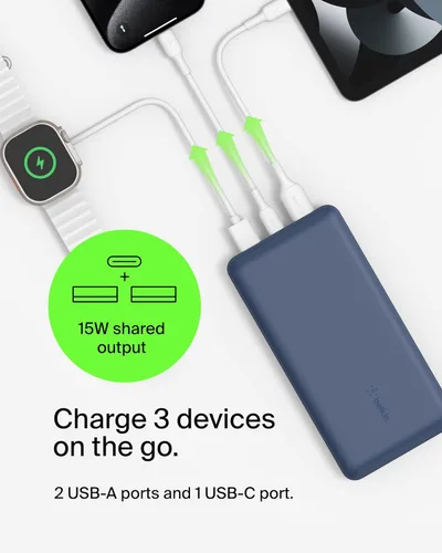 Miniatura 5 de Cargador portátil Belkin, banco de energía USB C de 20000 mAh con 2 puertos USB-A, 15W con cable de tipo A a tipo C - iPhone 17, Air, Pro, Pro Max
