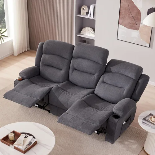 Sofá reclinable extragrande con calor y masaje, sofá reclinable RV grande de 3 plazas para sala de estar, sofá reclinable de pared con portavasos y