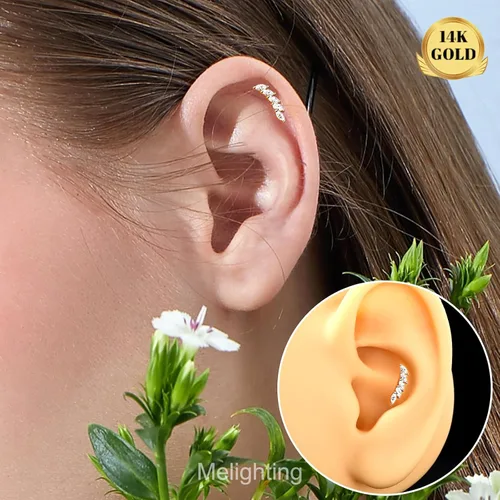 Miniatura 3 de Melighting Aretes de oro macizo de 14 quilates, 0.56 oz, joyería de piercing Tragus de oro transparente con circonita cúbica curvada para cartílago
