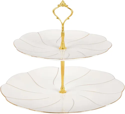 Miniatura 11 de DUJUST Torre de porcelana de lujo de 2 niveles para cupcakes, bandeja de servir estilo británico con borde dorado, soporte de exhibición de postres