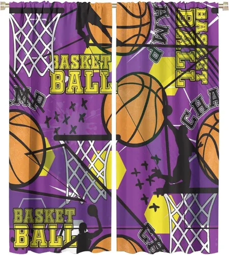 Miniatura 28 de Cortinas deportivas de baloncesto para niños, patrón de llama de bola 3D naranja, 42 pulgadas de ancho x 45 pulgadas de largo