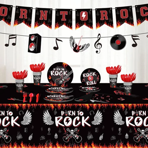Miniatura 5 de Yaomiao 172 piezas de suministros de fiesta temática de rock Born to Rock, pancarta de notas musicales, guirnalda, juego de vajilla para fiesta