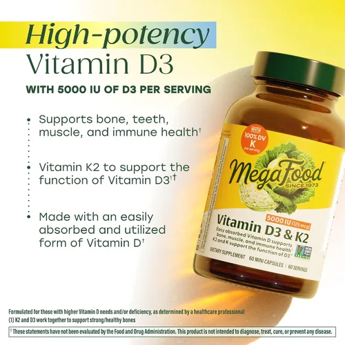 Miniatura 3 de MegaFood Vitamina D3 5000 UI (125 mcg) – Suplementos vegetarianos con vitamina D3 K2 – Apoya los huesos, dientes, músculos y salud inmunológica