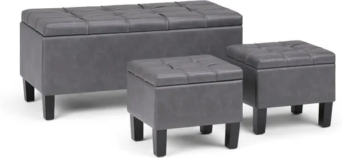 SIMPLIHOME Dover - Otomana rectangular contemporánea de 44 pulgadas de ancho, 3 piezas de almacenamiento en piel sintética vegana gris piedra,