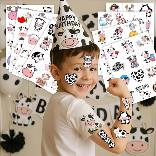 Miniatura 2 de 96 tatuajes temporales precortados de vaca para niños, suministros para fiestas de cumpleaños de animales de granja, decoraciones y recuerdos