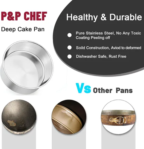Miniatura 6 de P&P CHEF - Juego de moldes para tartas de 8 pulgadas, moldes redondos para hornear de acero inoxidable para capas, moldes para tartas de cumpleaños