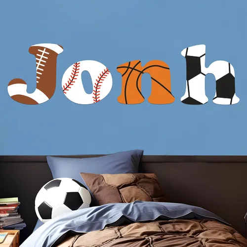 EGD - Calcomanía de pared con nombre personalizado con inicial y pelotas deportivas, decoración de pared I de fútbol, béisbol, baloncesto, fútbol,