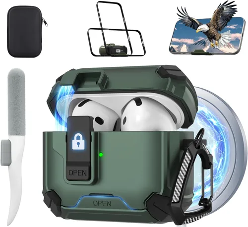 Miniatura 25 de Maxjoy Funda protectora para AirPods 4 2024, funda protectora para AirPods de 4ª generación con bloqueo automático, compatible con MagSafe, Verde