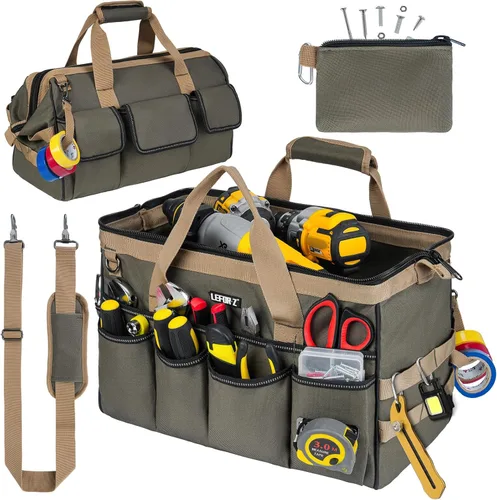 Miniatura 9 de Bolsa de herramientas, bolsa de herramientas resistente de 16 pulgadas para hombres, organizador de caja de herramientas con 27 bolsillos, bolsa