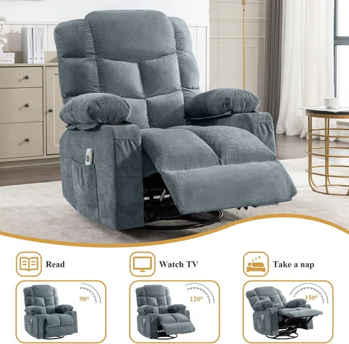 Miniatura 5 de MAHOMICO Swivel Rocker Recliner Chair with Vibration Massage and Heat for Living Room,with Rocking Function and Side Pocket, USB Charge Port,2 Cup