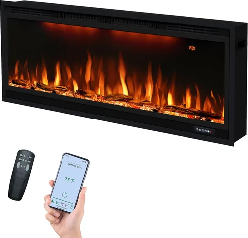 Chimenea eléctrica inteligente de 42 pulgadas con control por aplicación, montaje en pared e insertos de chimenea empotrados en la pared, llama