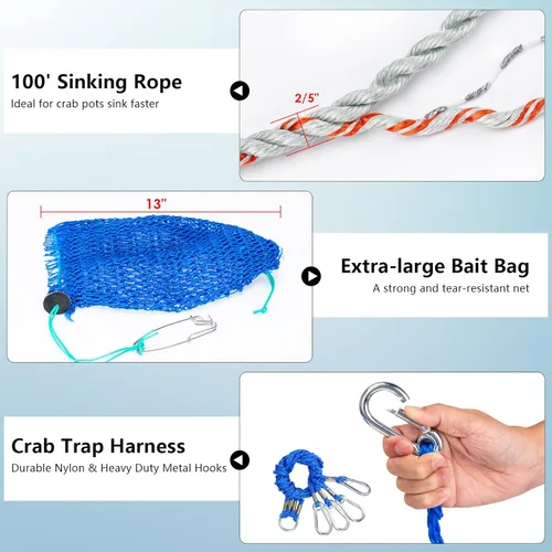 Miniatura 4 de QualyQualy 2 Packs Foldable Crab Trap 24", Crab Bait Bag，Pacific Heavy Duty Steel Crap Cage Kit with Harness, 100’ Sinking Line, Easy Store & Carry