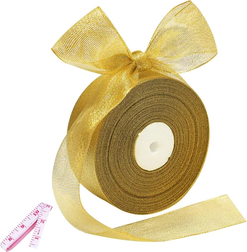 Miniatura 11 de Cinta de 100 yardas con purpurina dorada de 1 pulgada, cinta de tela sólida de ancho brillante para envoltura de regalos, manualidades, decoración