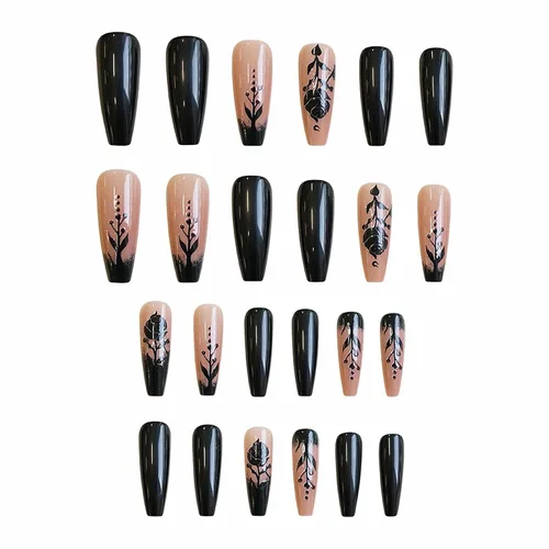 Miniatura 3 de MISUD Uñas Postizas - Uñas Largas Forma Ataúd con Pegamento en Negro Gótico, Diseño Acrílico Gótico de Rosa 24 piezas