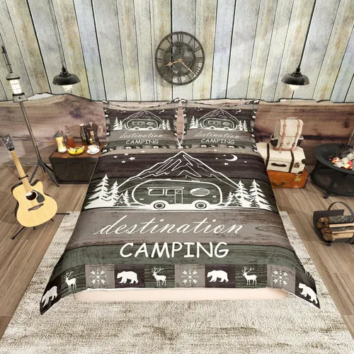 Miniatura 17 de Funda de edredón Happy Camping, juego de ropa de cama con temática de cámper para niños, funda de edredón de estilo rústico para decoración