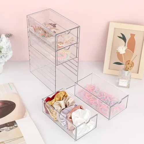 Miniatura 2 de Hipiwe Organizador de Cajones de Plástico Transparente Organizador de Accesorios para el Cabello Caja con 4 Cajones Extraíbles Caja