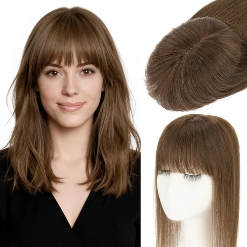Miniatura 10 de Rich Choices Toppers de cabello humano para mujer, 100% real Remy con flequillo 3D de 360°, densidad del 150% mejorada, 3.5 x 4.7 in, base de encaje