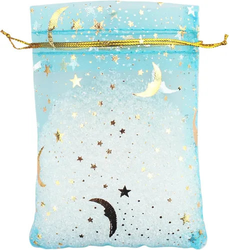 Miniatura 13 de QIANHAILIZZ - 100 bolsas de organza con diseño de estrellas y lunas para joyas, para regalo de caramelos, regalo de matrimonio, con cordón