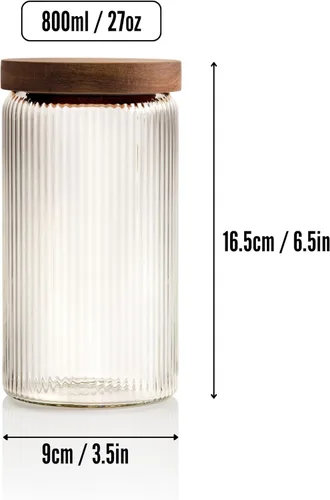Miniatura 3 de Mason & Fable Tarro de vidrio acanalado, apilable y hermético, tapa de madera, recipiente de almacenamiento para galletas, golosinas, té o azúcar