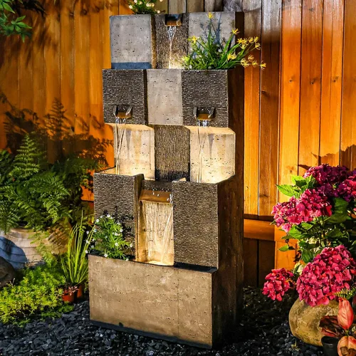 Miniatura 9 de Fuente de agua moderna de 3 niveles para interior/exterior de 35" de alto con luces LED y bomba, cascada en cascada independiente al aire libre