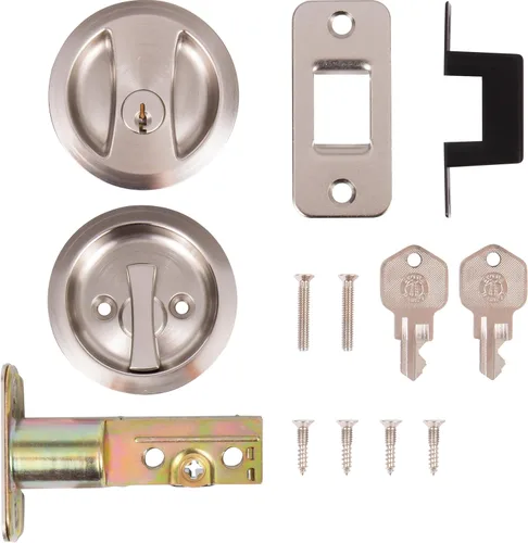 Miniatura 5 de Stone Harbor Hardware Cerradura de puerta de bolsillo redondo, función de entrada, fondo de 2-3/8", níquel satinado