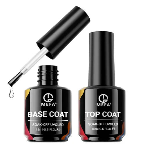 MEFA Juego de 2 piezas de 15 ml de esmalte de uñas de gel, capa superior y base, esmalte de uñas de gel sin necesidad de limpieza, efecto de brillo