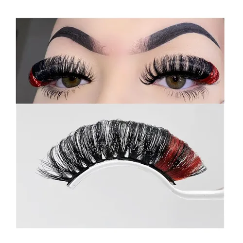Miniatura 16 de Pestañas postizas negras y rosas con purpurina de color, 1 par de pestañas para mujer, pestañas postizas con reflejos en el extremo, tira