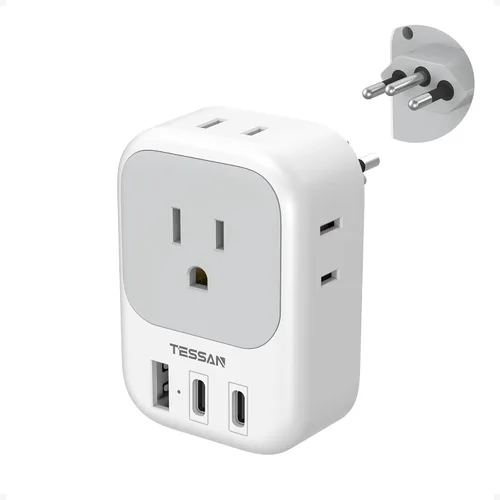 Miniatura 8 de Adaptador de enchufe de viaje europeo, adaptador de corriente TESSAN International con 4 tomas, 4 puertos USB (2 USB-C, 1 con PD 20W), adaptador